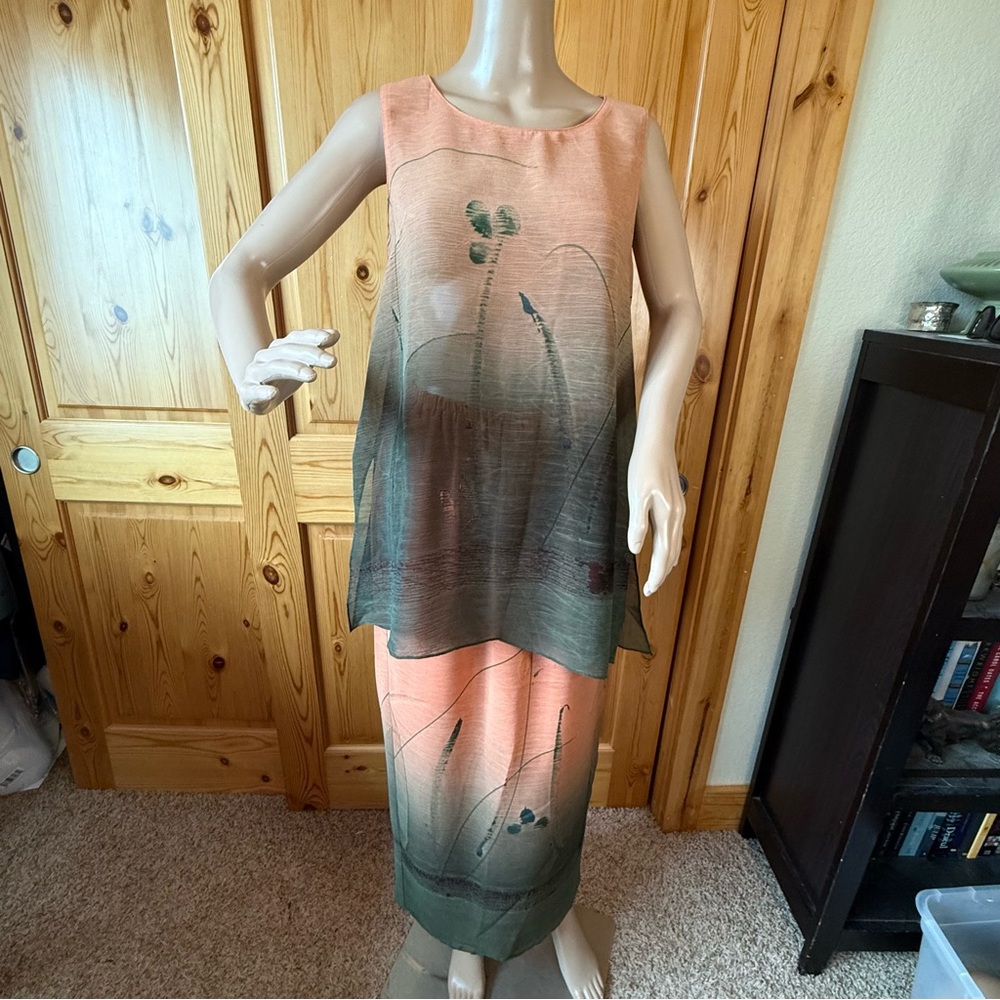 Vintage Platinum Dorothy Schoelen 2 Piece Set Orange Green Maxi Skirt Top Size M